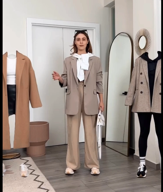 Neutral Blazer with Wide-Leg Trousers and New Balance 327