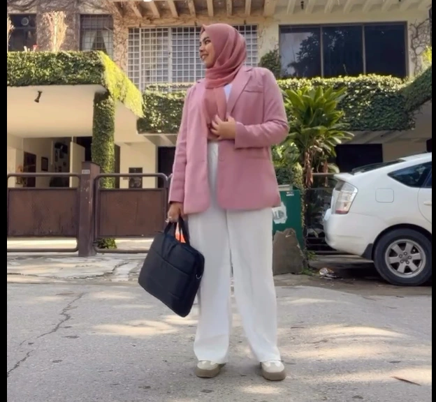 Pink Blazer with White Wide-Leg Pants and Sneakers Outfit