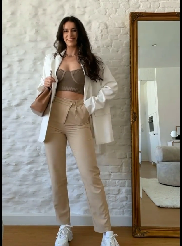 White Blazer with Neutral Pants and White Sneakers