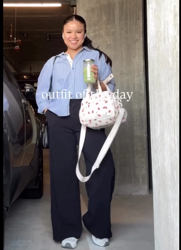 Blue Striped Shirt with Wide-Leg Pants and White Sneakers Office Look