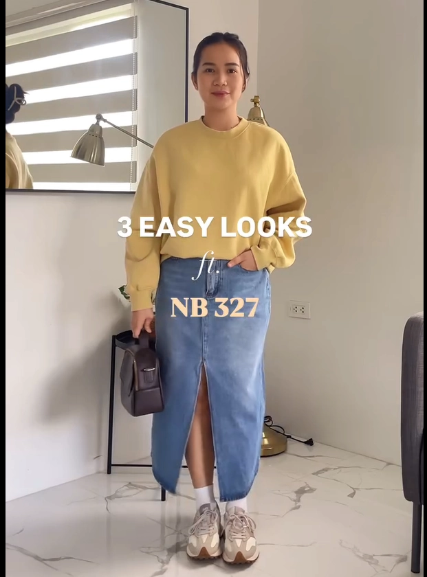 Yellow Sweatshirt with Denim Midi Skirt and New Balance 327