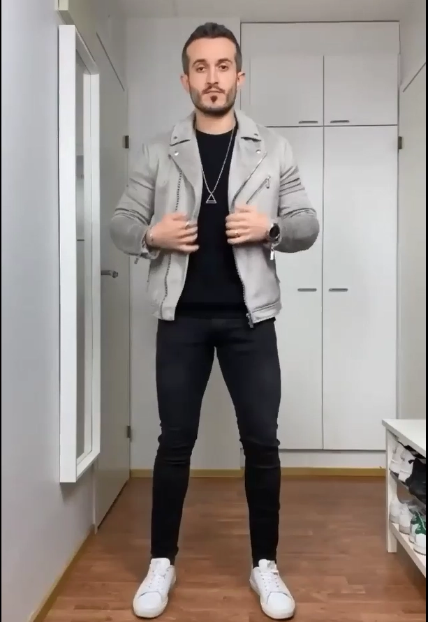 Grey Biker Jacket with Black Jeans and White Sneakers