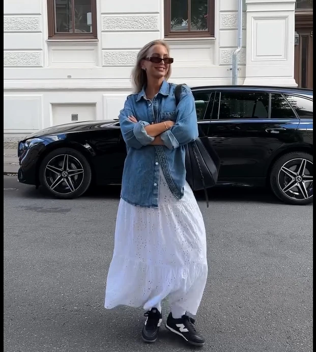 Denim Shirt with White Maxi Skirt New Balance RC42 Outfit
