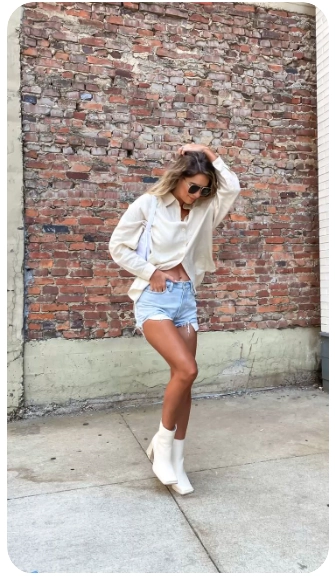 Cream Sweatshirt with Denim Shorts and White Heeled Boots