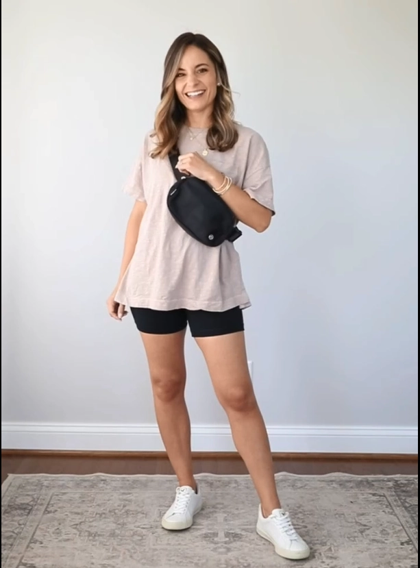 Oversized Beige Tee with Black Biker Shorts and White Sneakers