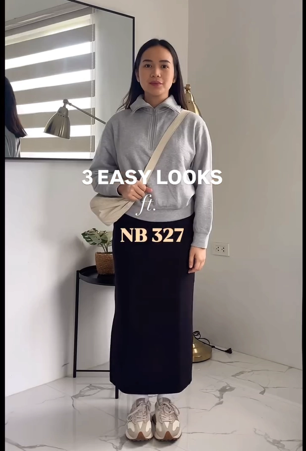 Gray Hoodie with Black Maxi Skirt and New Balance 327