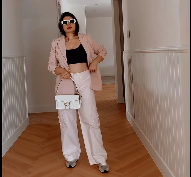 Pink Blazer with White Pants and Sneakers Outfit