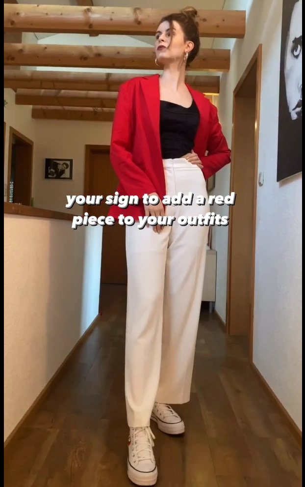 Red Blazer with White Trousers and Sneakers