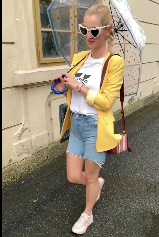 Yellow Blazer with Denim Shorts and Sneakers