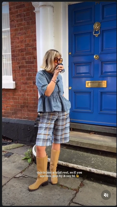 Striped Blouse with Plaid Shorts and Knee-High Boots