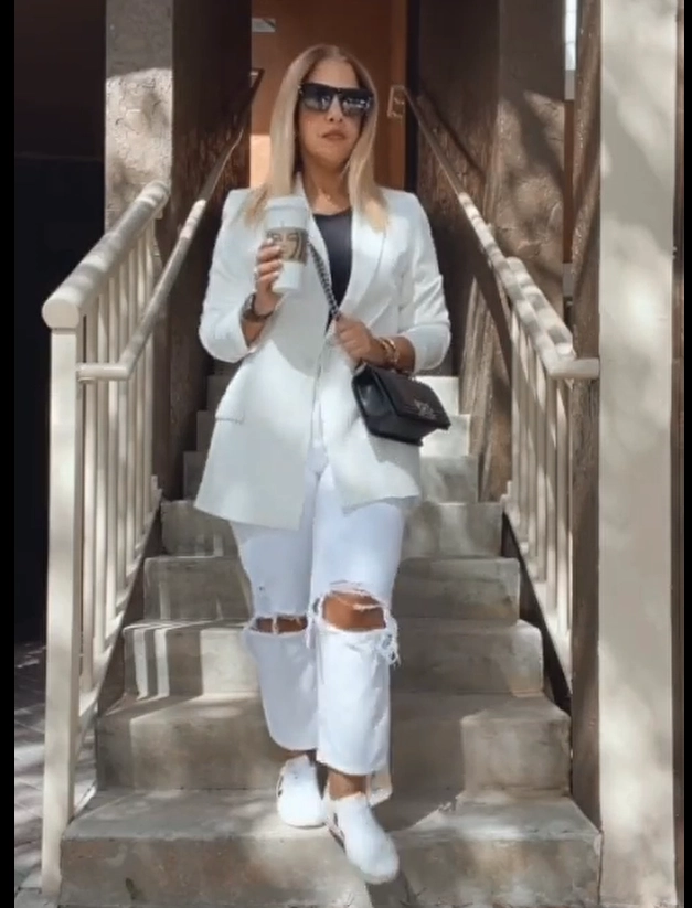 White Blazer with Ripped White Jeans and Sneakers