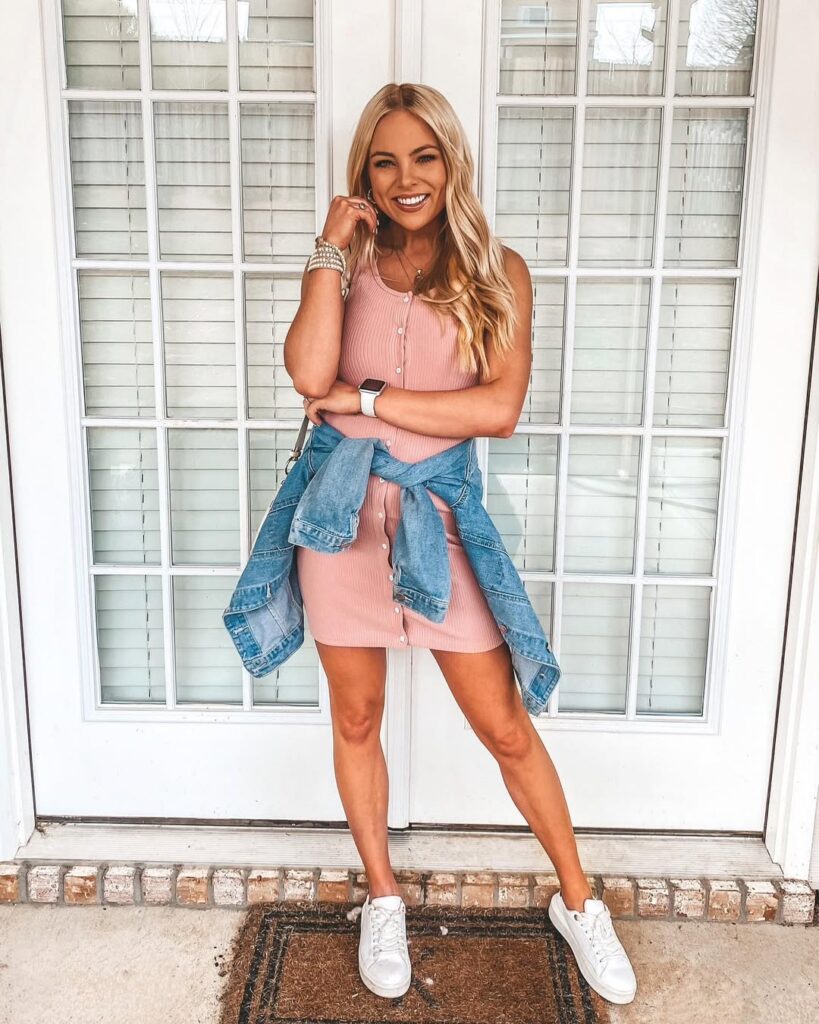 Pink Ribbed Dress with Denim Jacket and White Sneakers