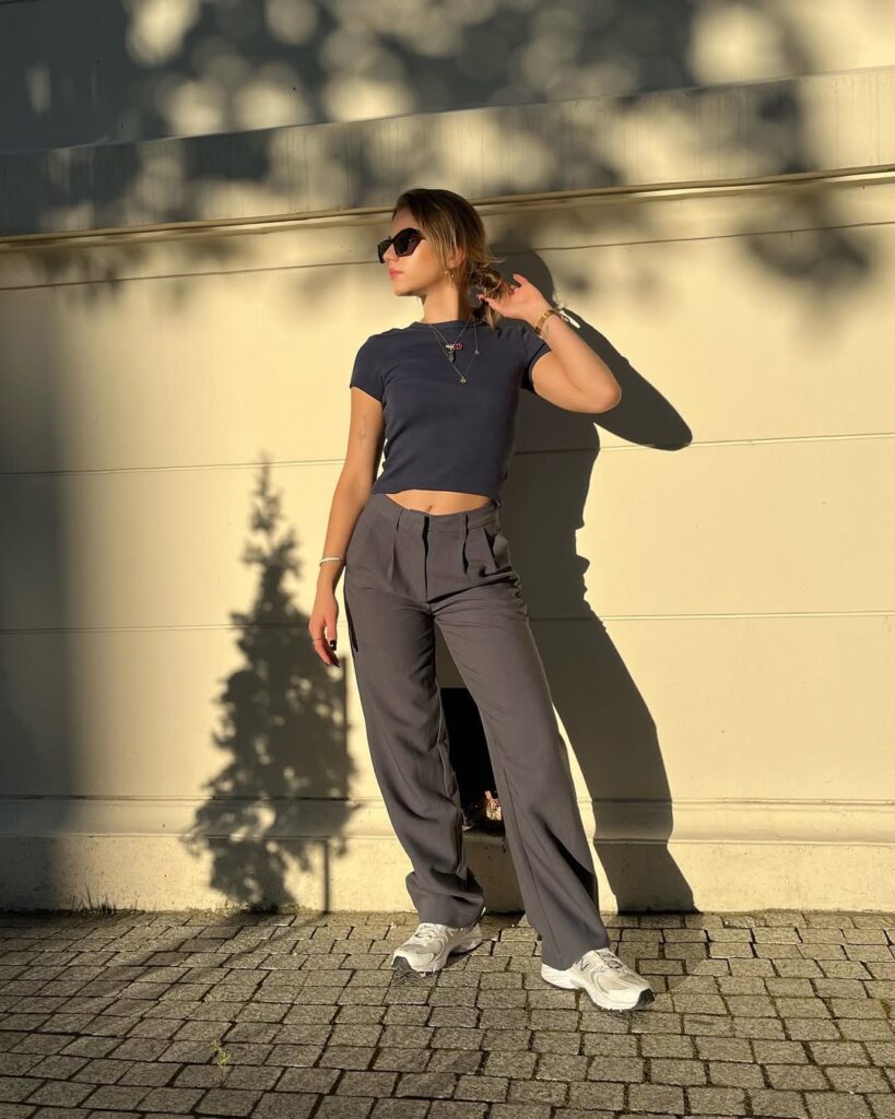 Charcoal Wide-Leg Pants with New Balance 530 Summer Outfit