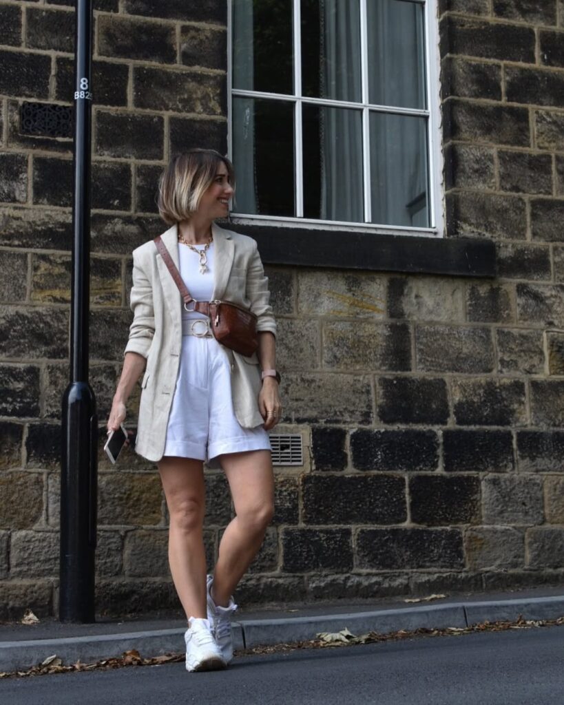 Beige Blazer with White Shorts and Sneakers