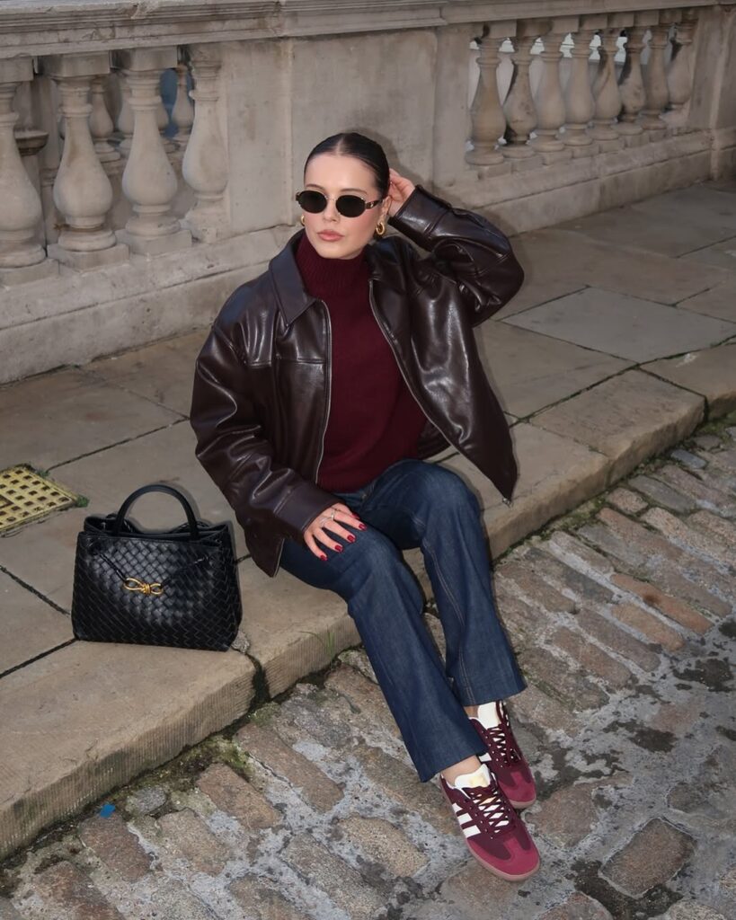 Burgundy Samba with Leather Jacket and Dark Jeans Outfit