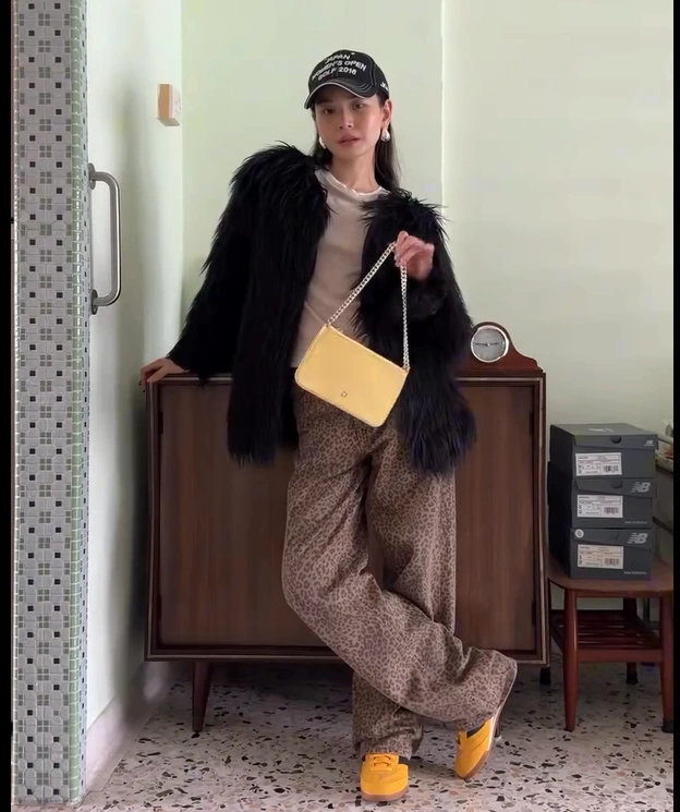 Faux Fur Jacket with Leopard Pants New Balance RC42 Outfit