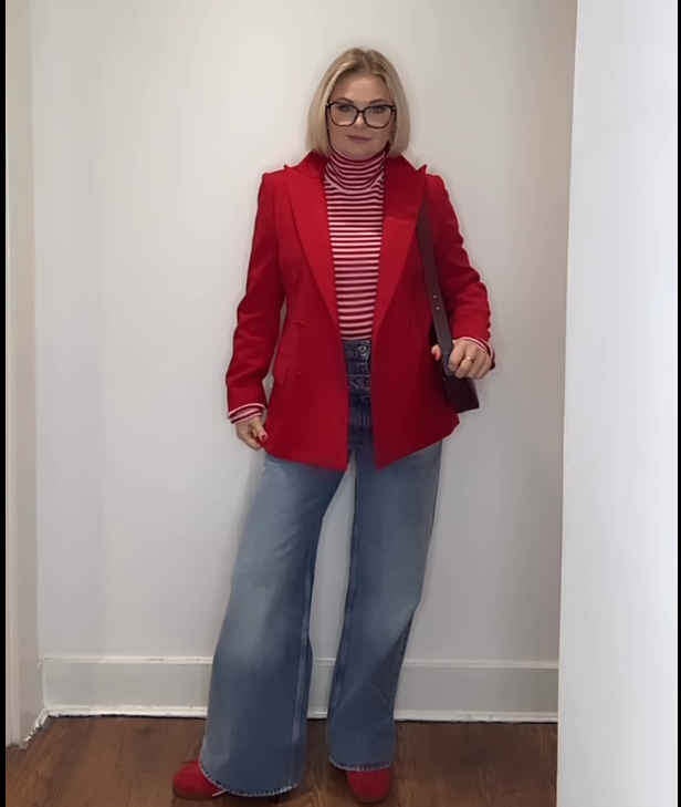 Red Blazer with Wide-Leg Jeans New Balance RC42 Outfit