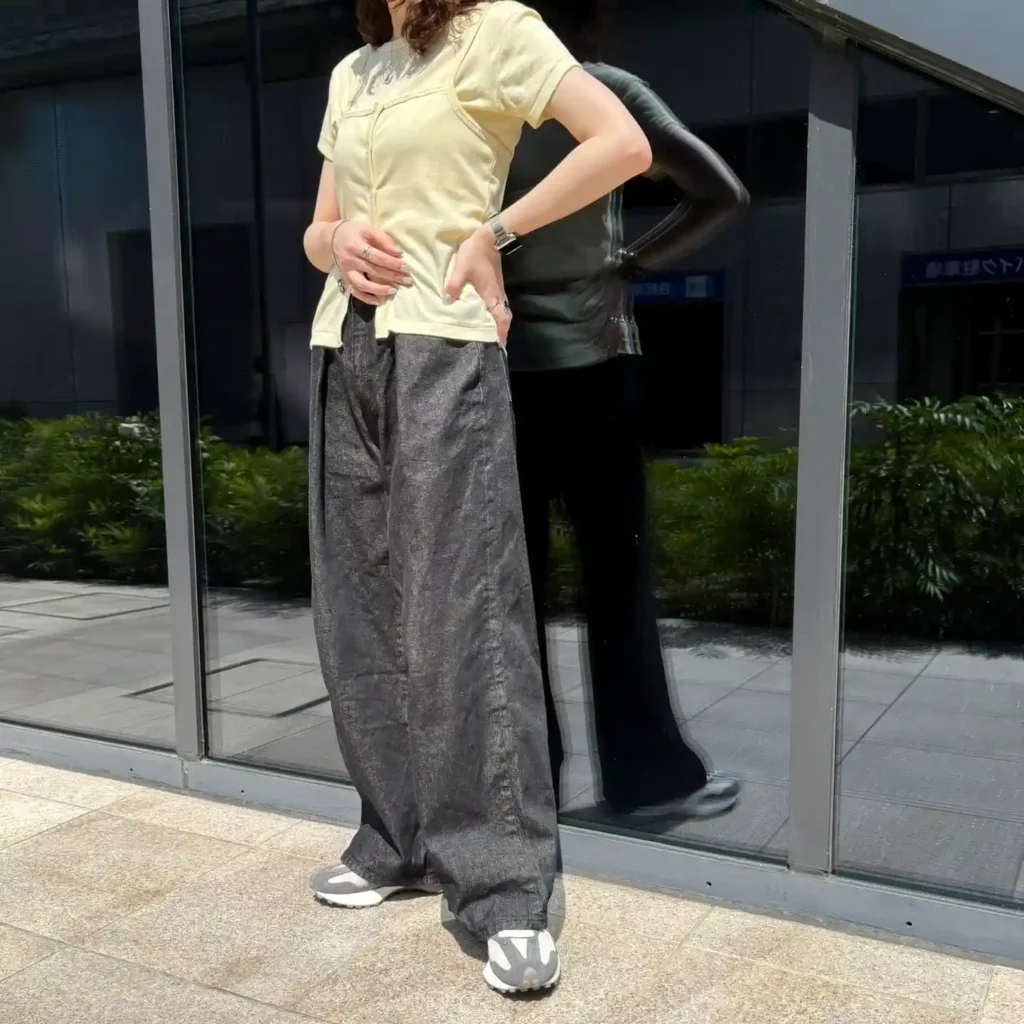 Yellow Tee with Wide-Leg Pants and New Balance 327