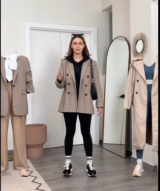 Double-Breasted Blazer with Black Leggings and New Balance 327