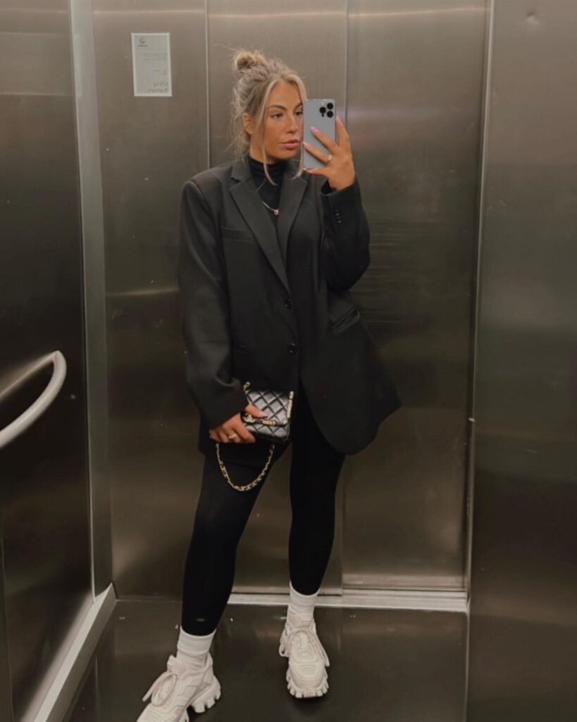 Black Blazer with Leggings and Chunky Sneakers