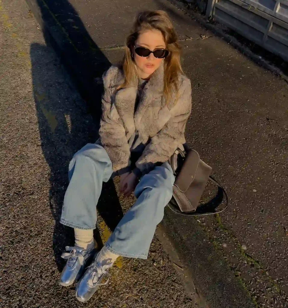 Faux Fur Jacket with Light Wash Jeans Ballet Sneakers Outfit