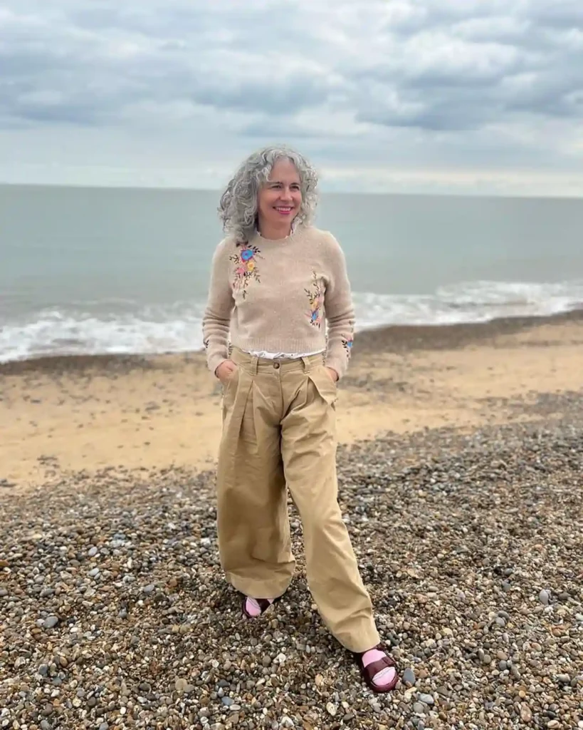 Embroidered Sweater with Wide-Leg Trousers and Birkenstocks