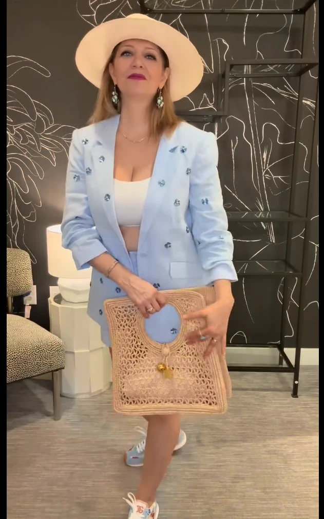 Light Blue Blazer with Shorts and Sneakers