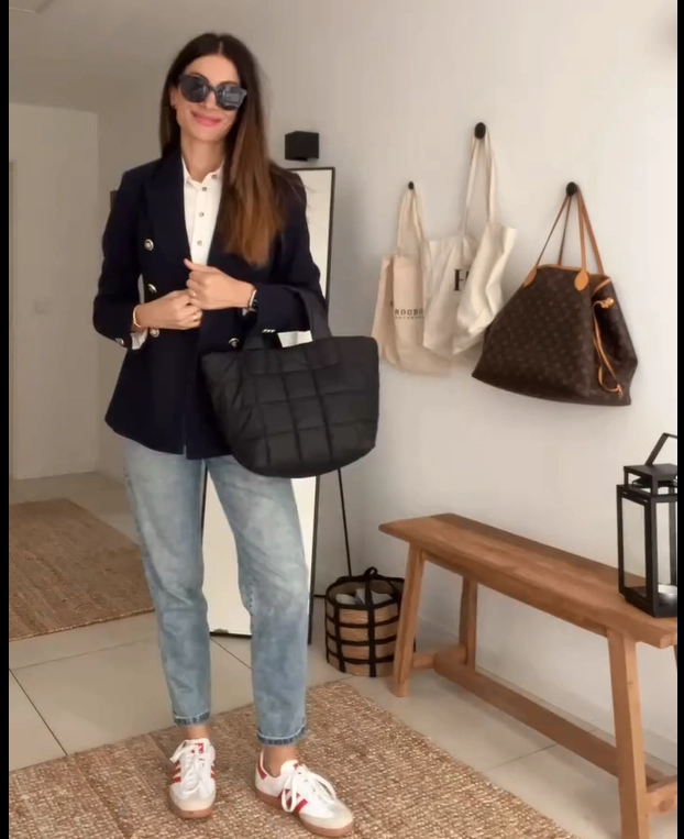 Navy Blazer with Light Jeans and Sneakers Work Outfit