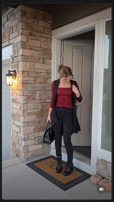 Red Fitted Top with Black Jeans and Combat Heels Boots