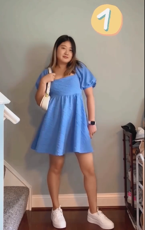 Blue Babydoll Dress with White Platform Sneakers