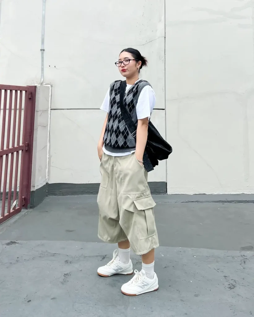 Argyle Sweater Vest with Cargo Shorts New Balance RC42 Outfit