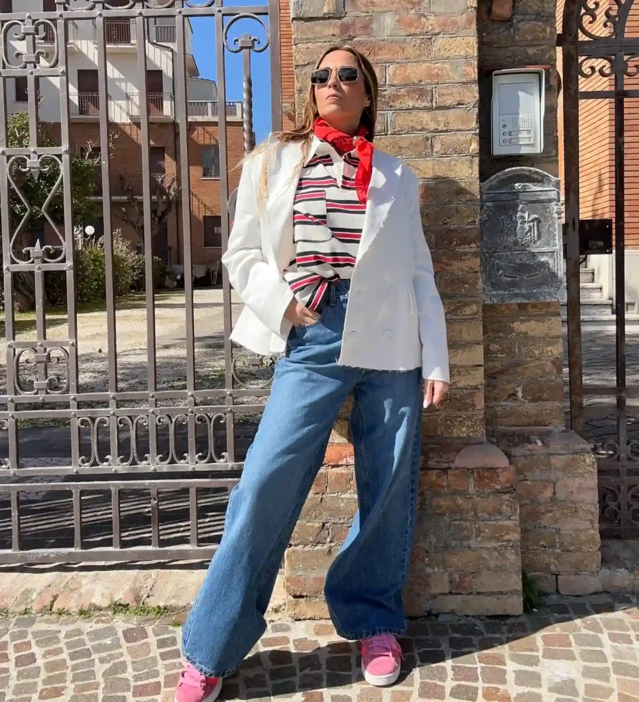 White Blazer with Wide-Leg Jeans and Pink Sneakers