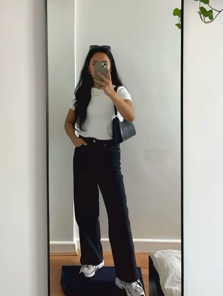 White Fitted Tee with Black Jeans and New Balance 530 Outfit