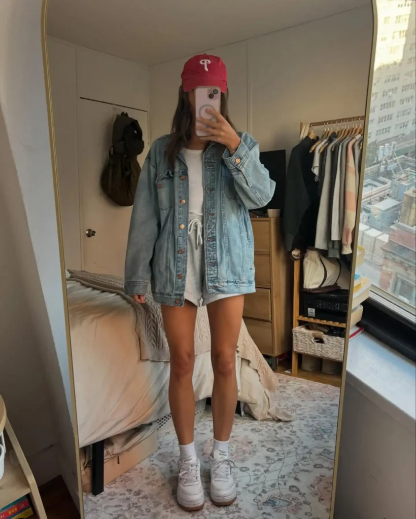 Oversized Denim Jacket with Shorts and White Sneakers