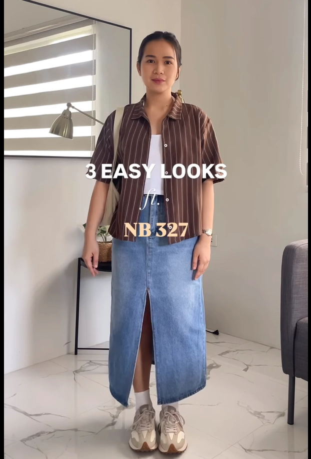 Striped Brown Shirt with Denim Midi Skirt and New Balance 327