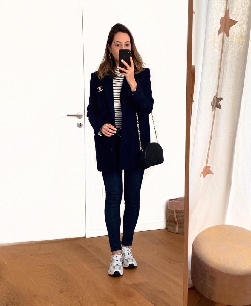 Navy Blazer with Striped Top and Skinny Jeans Outfit