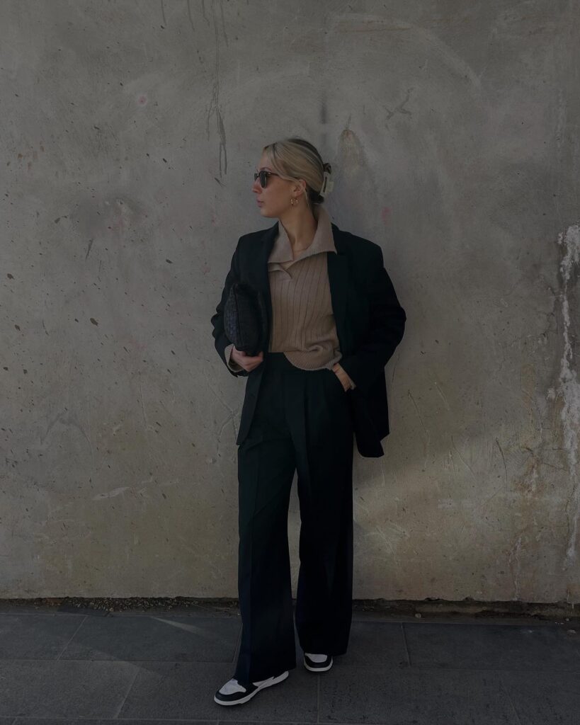 Black Blazer with Wide-Leg Trousers and Sneakers
