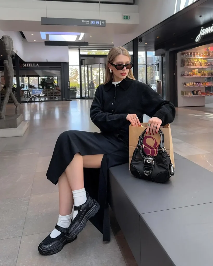 Black Midi Dress with Ballet Sneakers Outfit