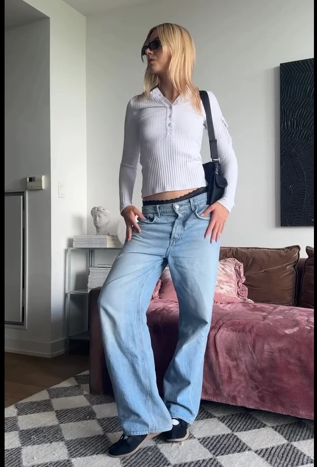 Long Sleeve Top with Wide-Leg Jeans and Ballet Shoes