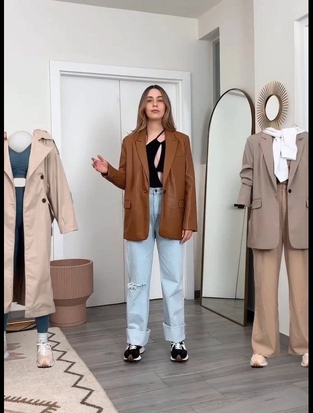 Brown Blazer with Light Jeans and New Balance 327 Office Outfit