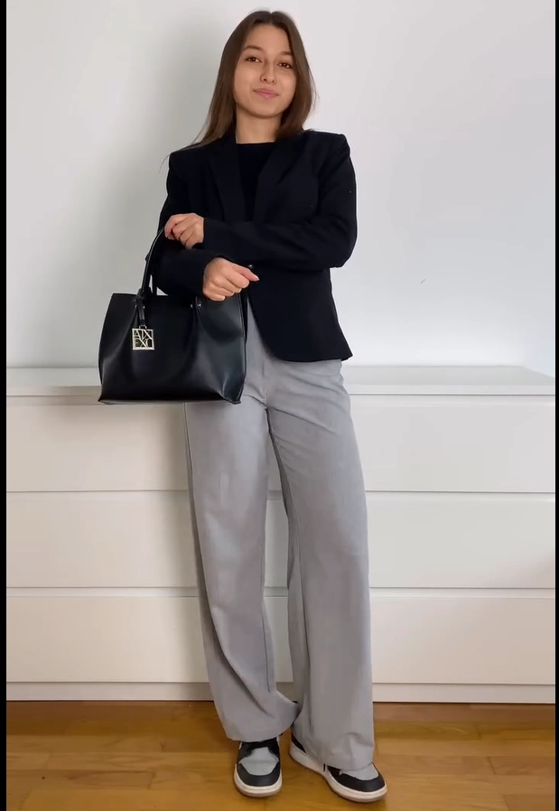 Black Blazer with Grey Wide-Leg Pants and Sneakers Outfit