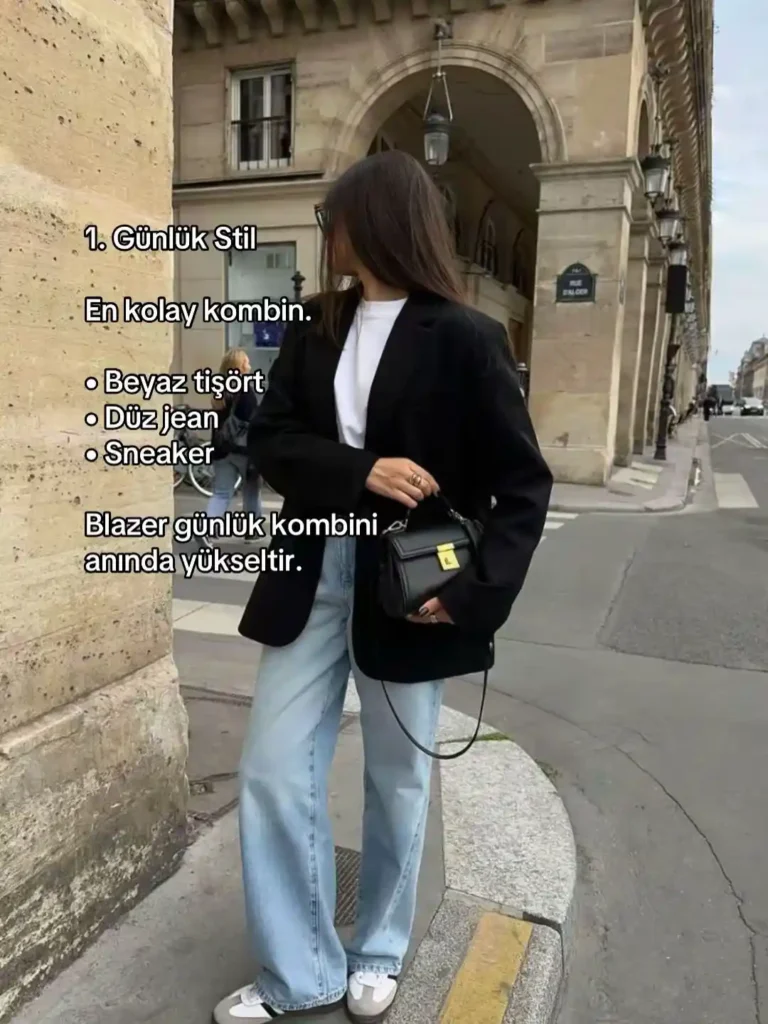 Black Blazer with Light Jeans and Sneakers Outfit