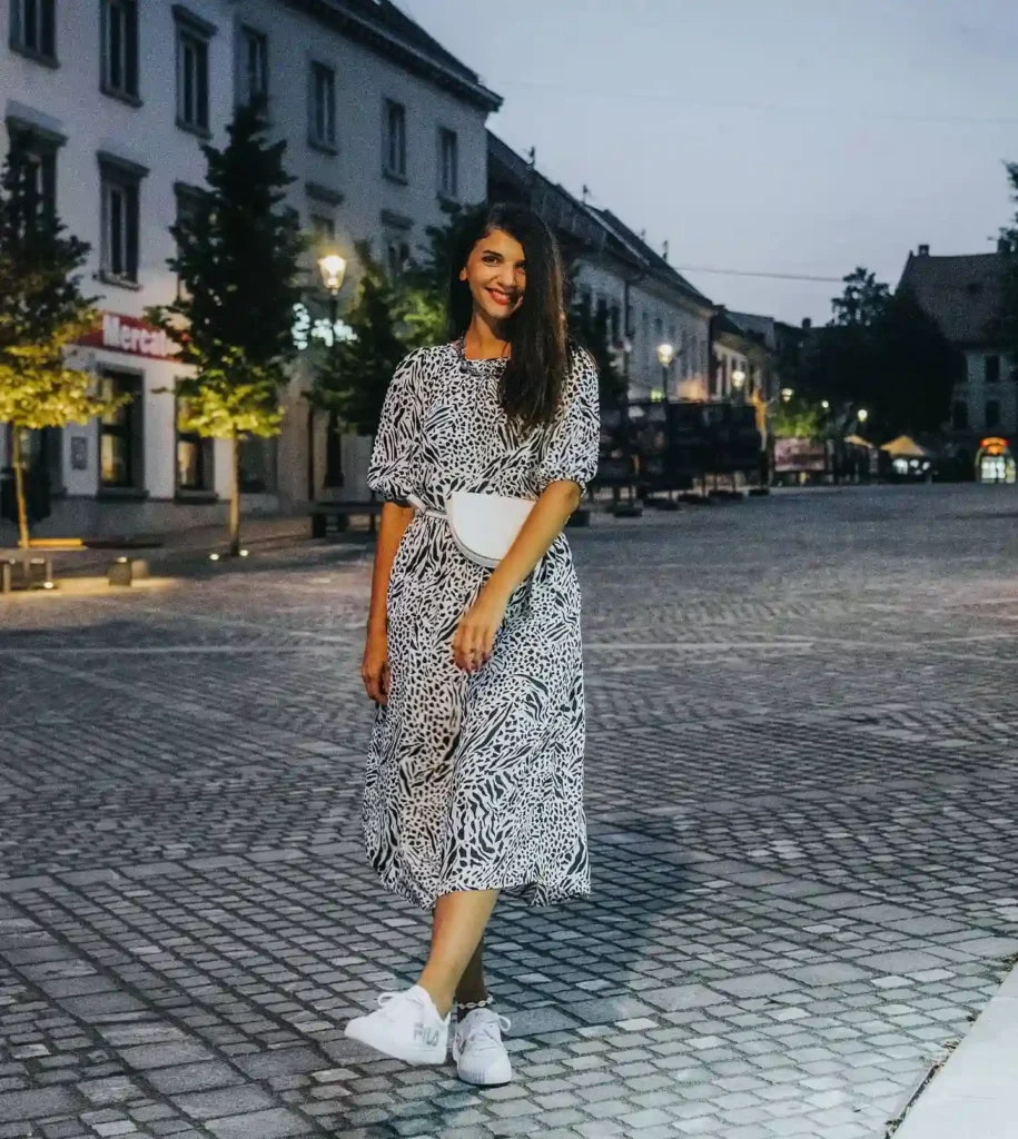Printed Midi Dress with White Sneakers