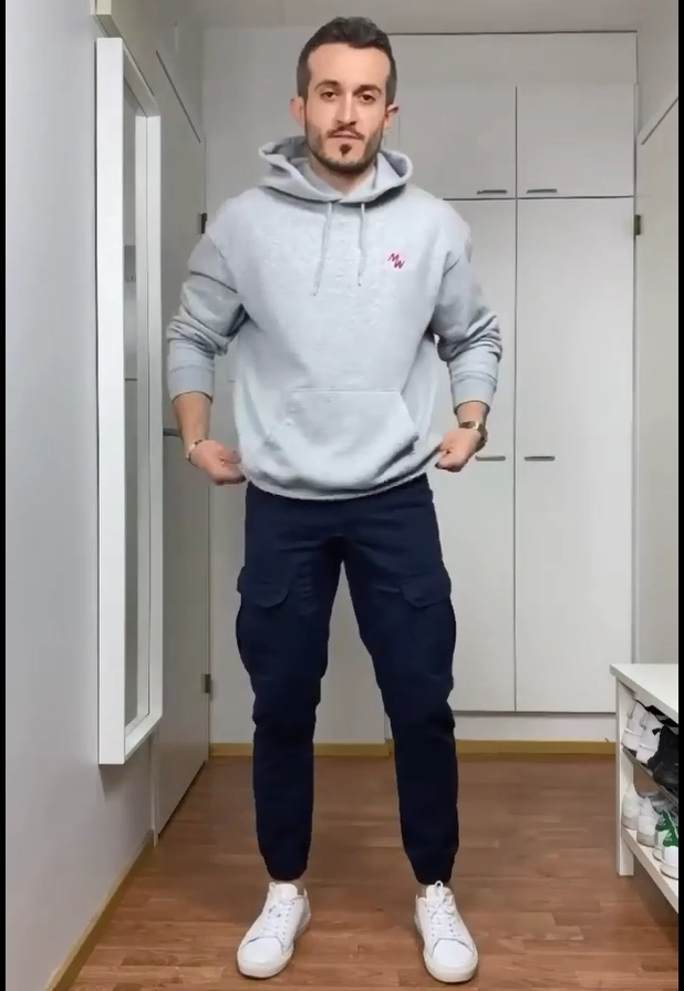 Grey Hoodie with Cargo Pants and White Sneakers