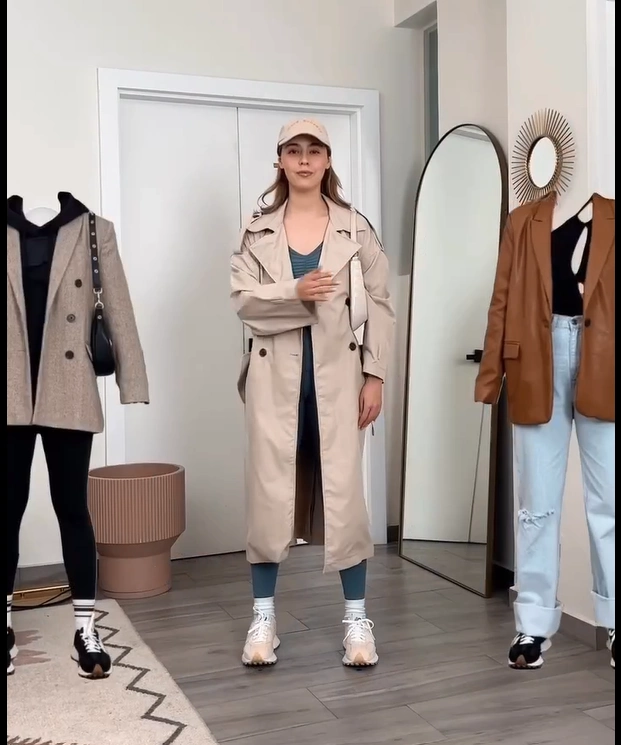 Beige Trench Coat with New Balance 327 Office Outfit