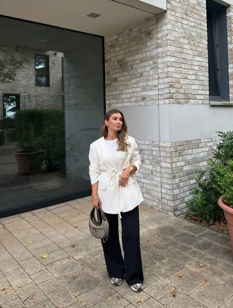 White Tie-Waist Blazer with Wide-Leg Pants and Sneakers