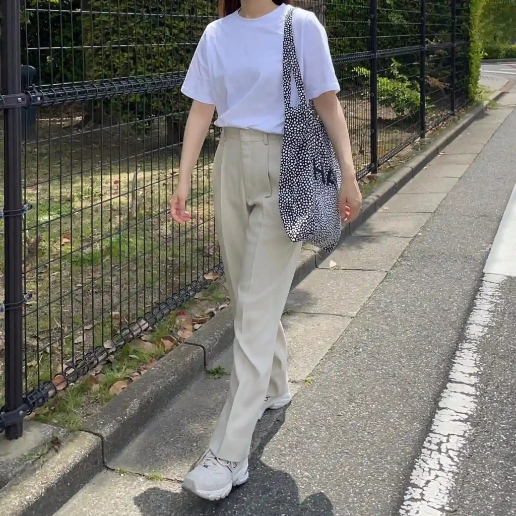 White Tee with Tailored Pants and New Balance 530 Outfit