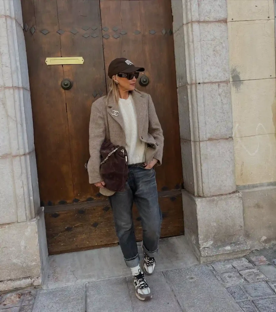 Beige Blazer with Dark Jeans and New Balance 530 Outfit