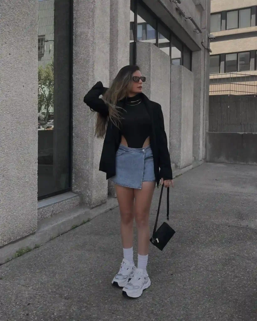 Black Blazer with Denim Mini Skirt and Chunky Sneakers