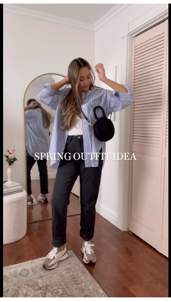 Striped Overshirt with Black Jeans and New Balance 327
